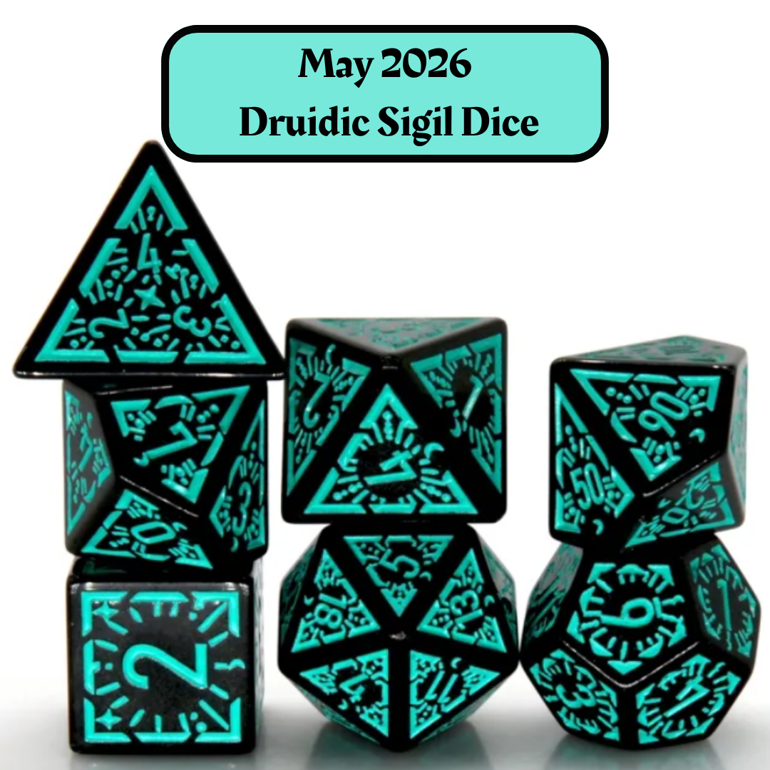 Dice of the Month "Druidic Sigil Dice" and "Journeys Outside the Keep" Newsletter